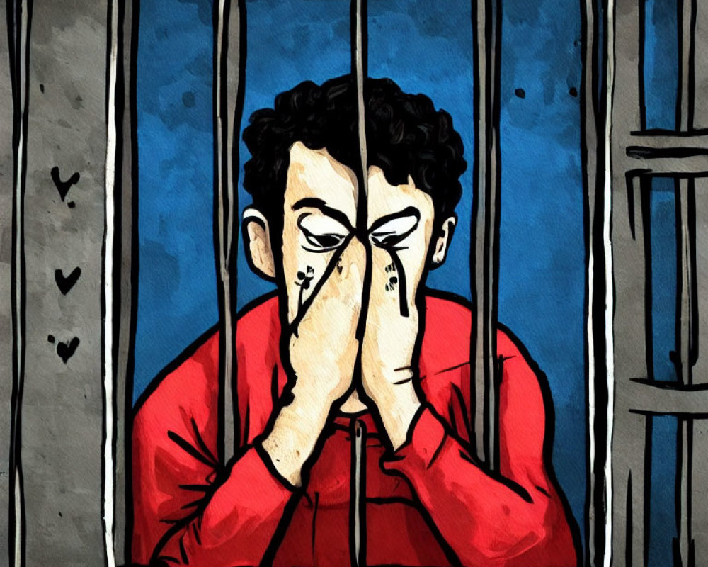 Illustration of distressed person behind bars with hands covering face