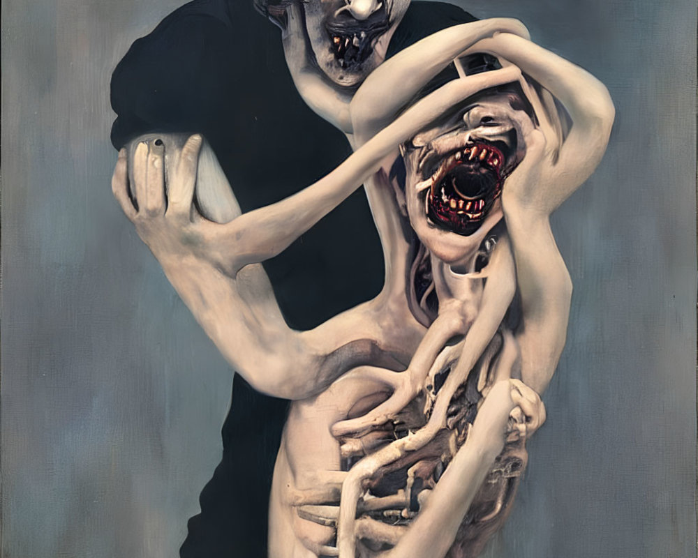 Eerie painting of humanoid figures in grim embrace