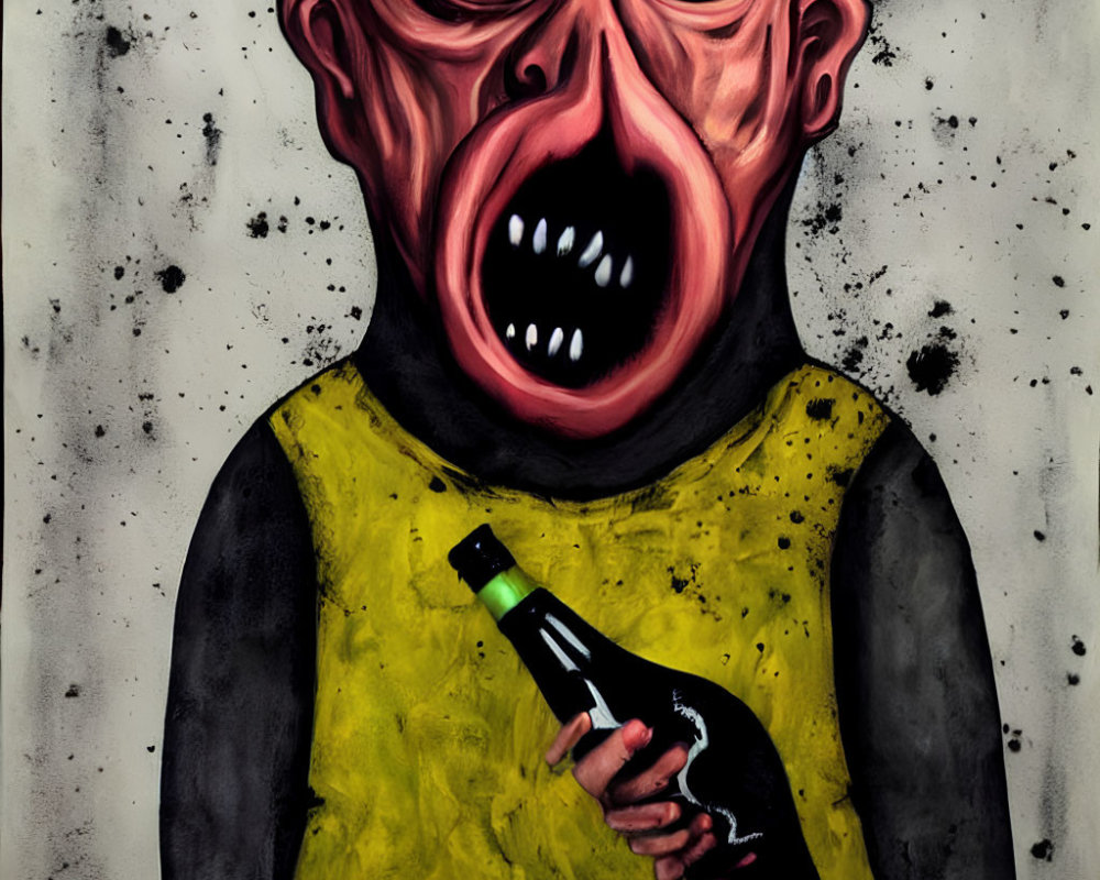 Surreal painting: exaggerated figure with gaping mouth and bulbous eyes holding a bottle on black and