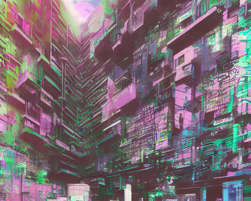 Futuristic cyberpunk cityscape with neon signs & towering buildings