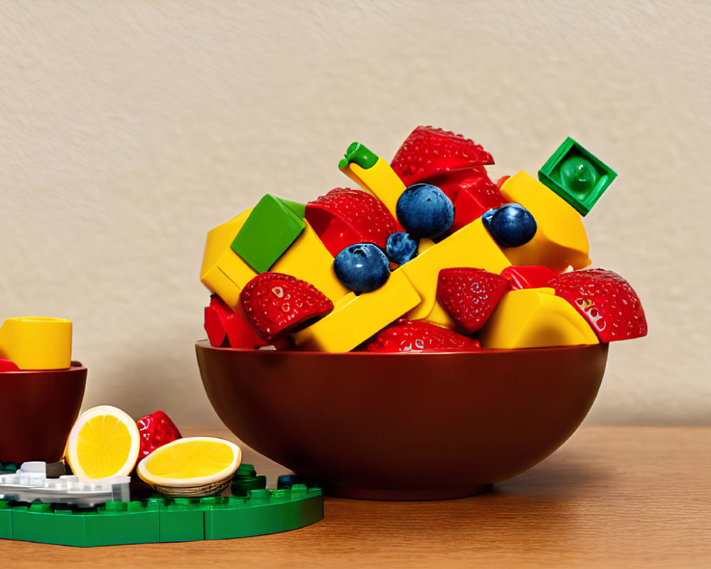 Colorful Lego Bricks with Fruits on Beige Background