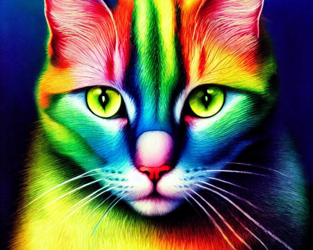 Colorful Cat Portrait with Rainbow Fur Pattern and Green Eyes