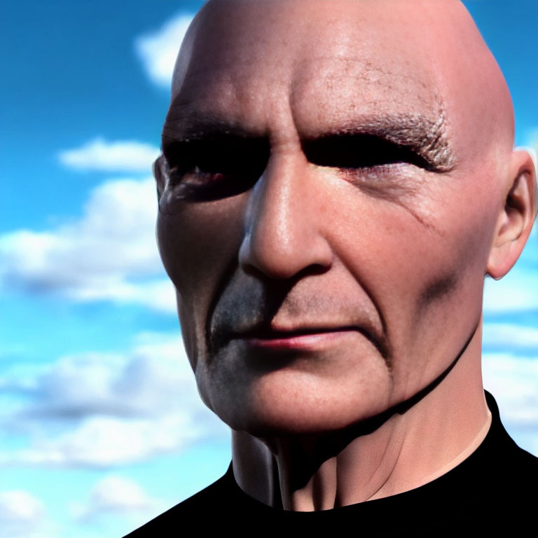 Stern bald man portrait in 3D against blue sky