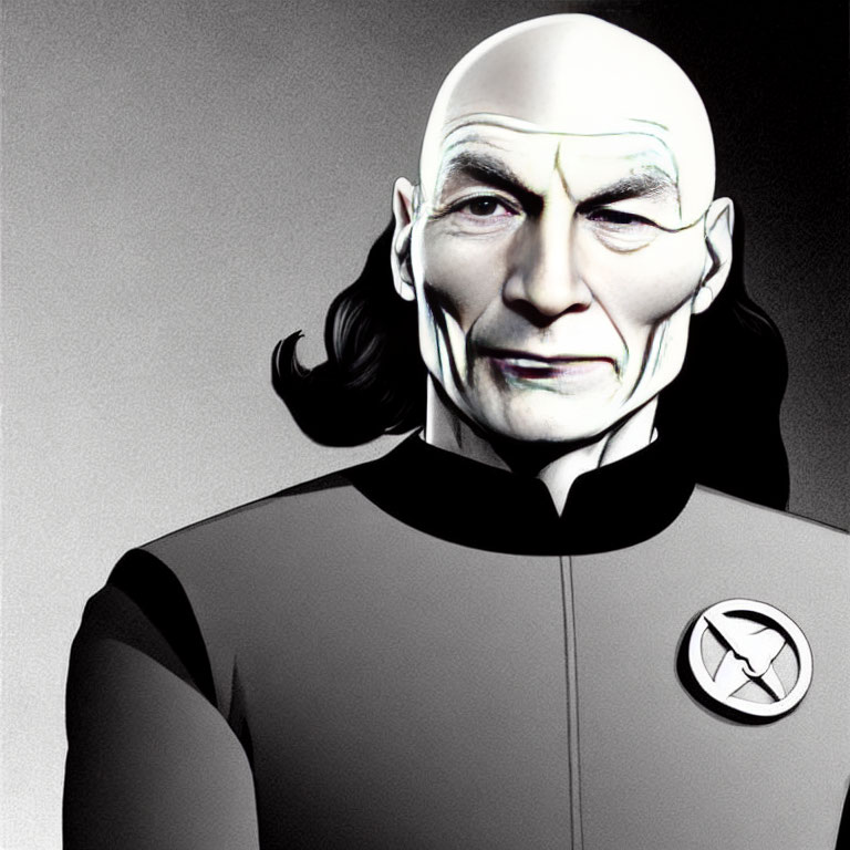 Digital artwork of bald male character in futuristic uniform with badge