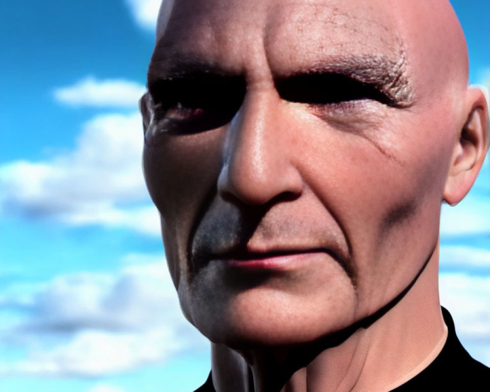 Stern bald man portrait in 3D against blue sky