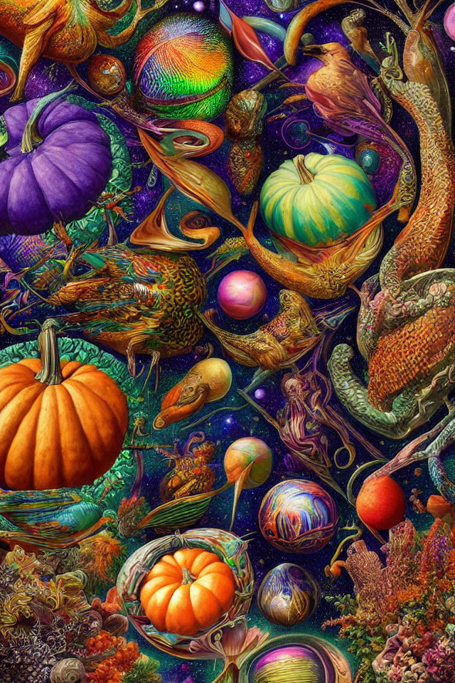 Colorful illustration of vibrant pumpkins, twisting plants, and fantastical creatures in a starry scene