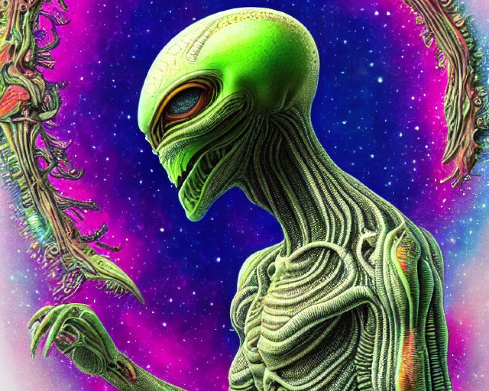Elongated-eyed alien in cosmic setting with ornate frame