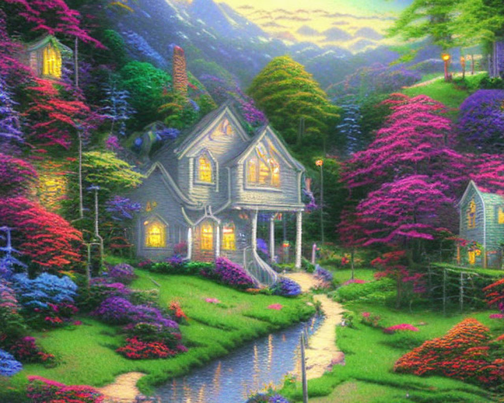 Charming cottage in lush garden with meandering stream at dusk