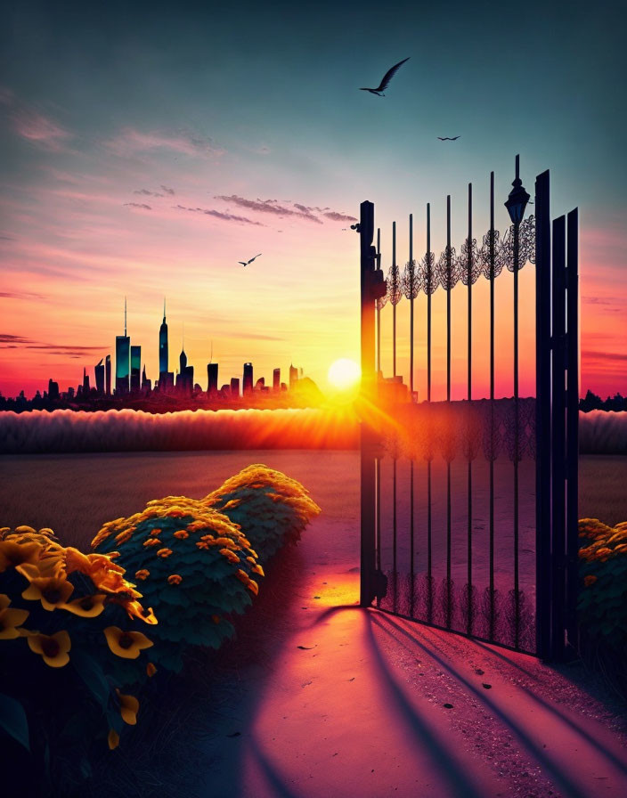City skyline silhouette at sunset with open gate, flowers, and birds.