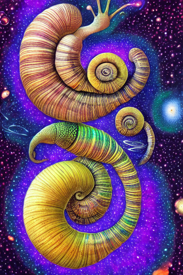Colorful digital artwork: Spiral snail shell shapes on cosmic background