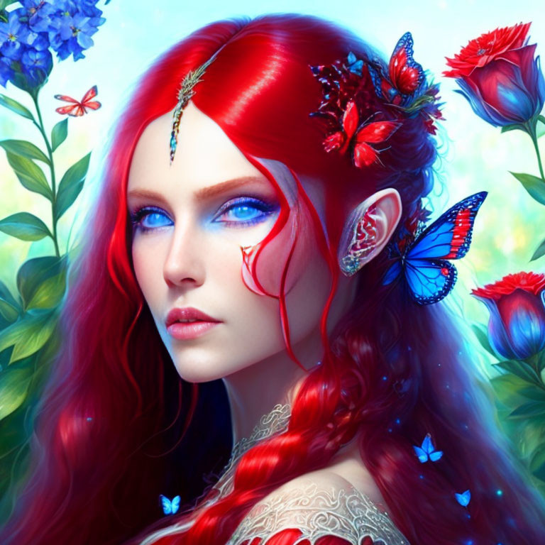 Fantasy portrait of a woman with red hair, blue eyes, butterflies, and flowers