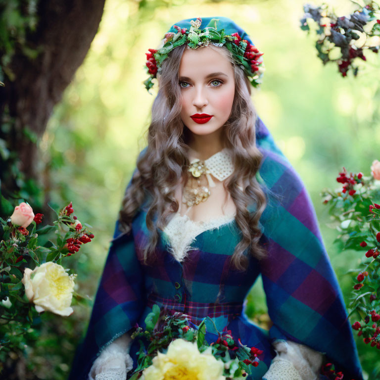 Floral wreath woman in tartan shawl and vintage dress in nature