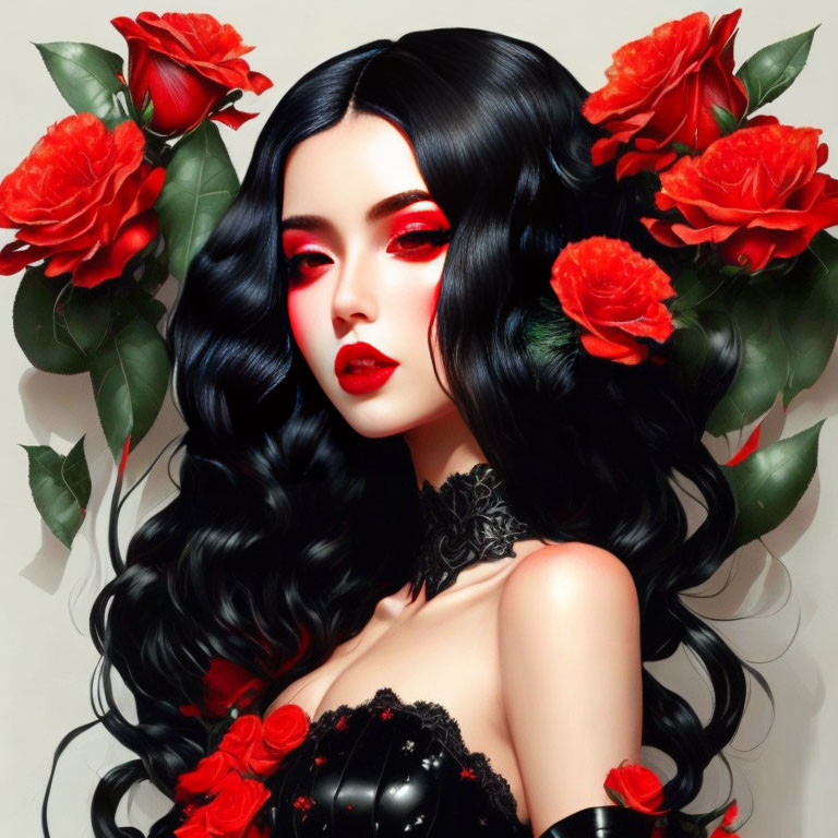 Artistic representation of woman with dark hair, red lipstick, and roses.
