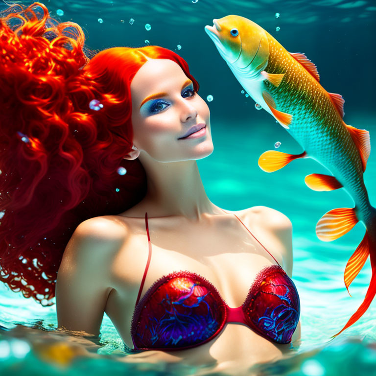 Vibrant red-haired woman in sparkling bikini with fish underwater