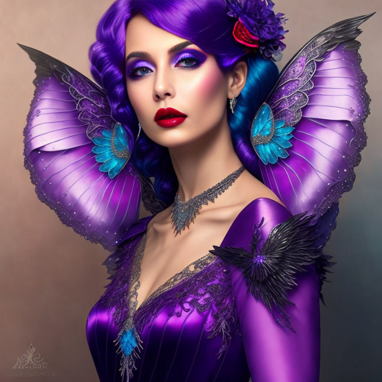 Woman with Vibrant Purple Makeup, Butterfly Wing Earrings, and Ornate Gown