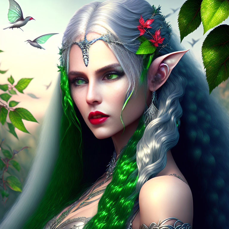Fantasy elf woman digital portrait with green and white hair