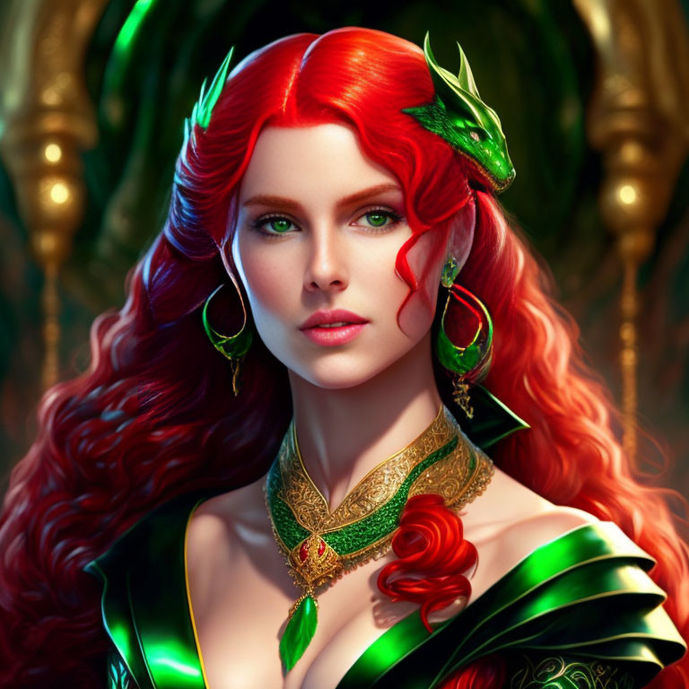 Vibrant red-haired woman with green eyes in ornate setting