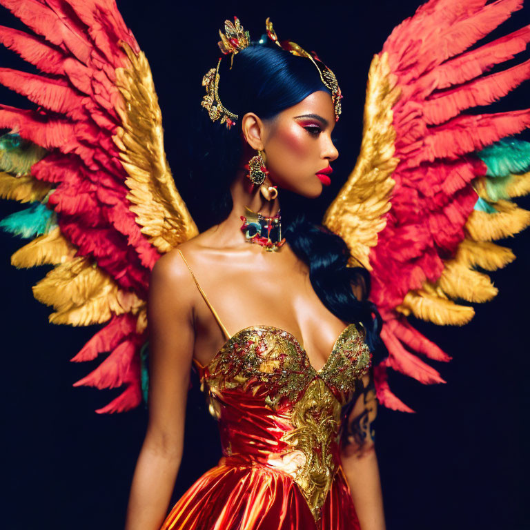 Ornate headpiece woman in red and gold attire with feathered wings