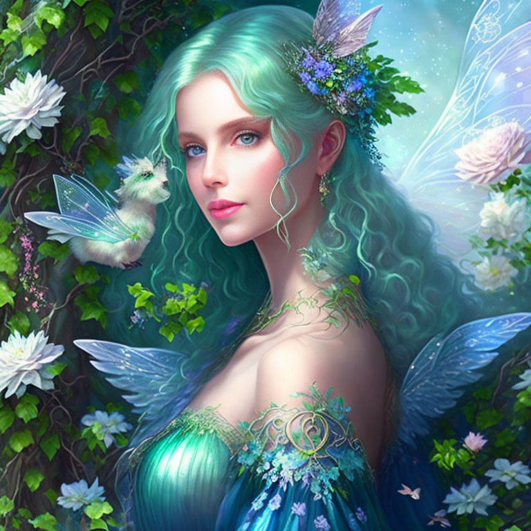 Fantasy creature with azure hair and intricate wings in lush greenery