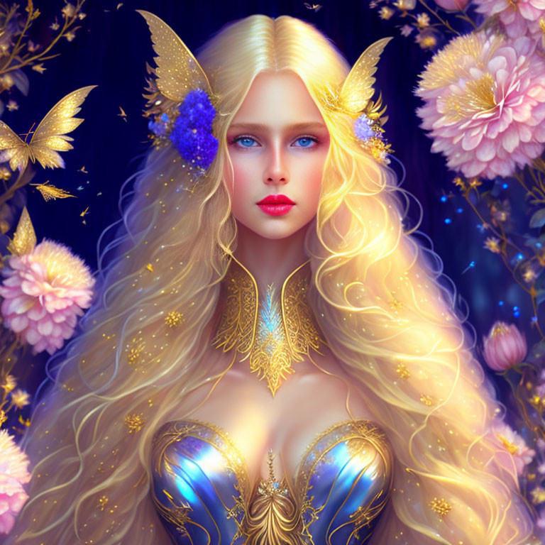 Fantastical female figure with blond hair, elfin ears, blue eyes, gold jewelry, and