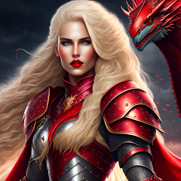 Blonde warrior woman in red armor with red dragon portrait