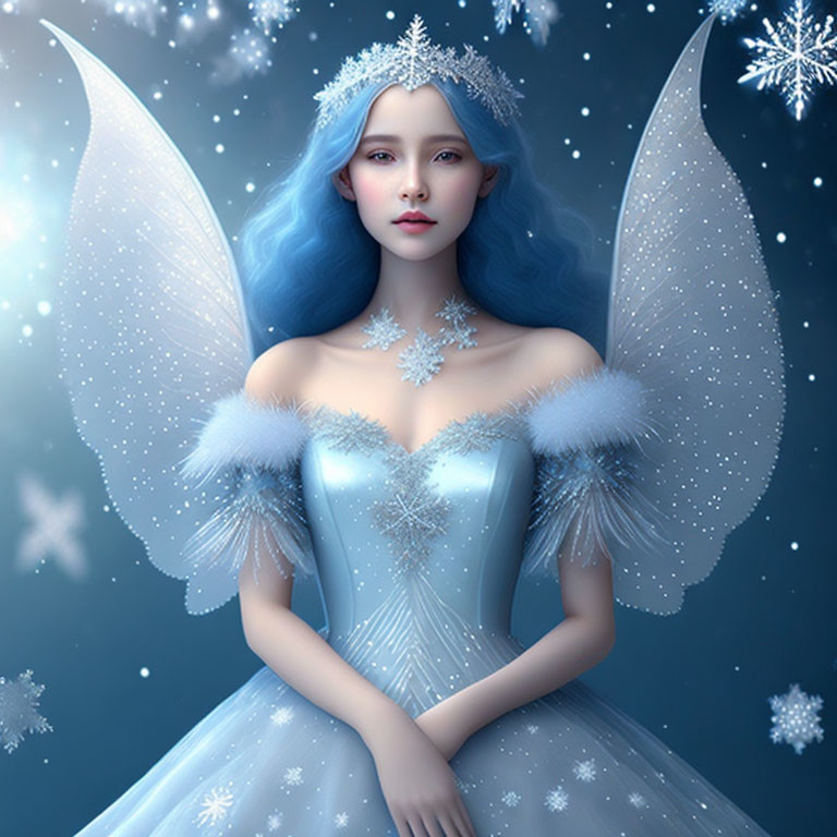 Fantasy ice fairy with blue hair and snowflake-themed attire