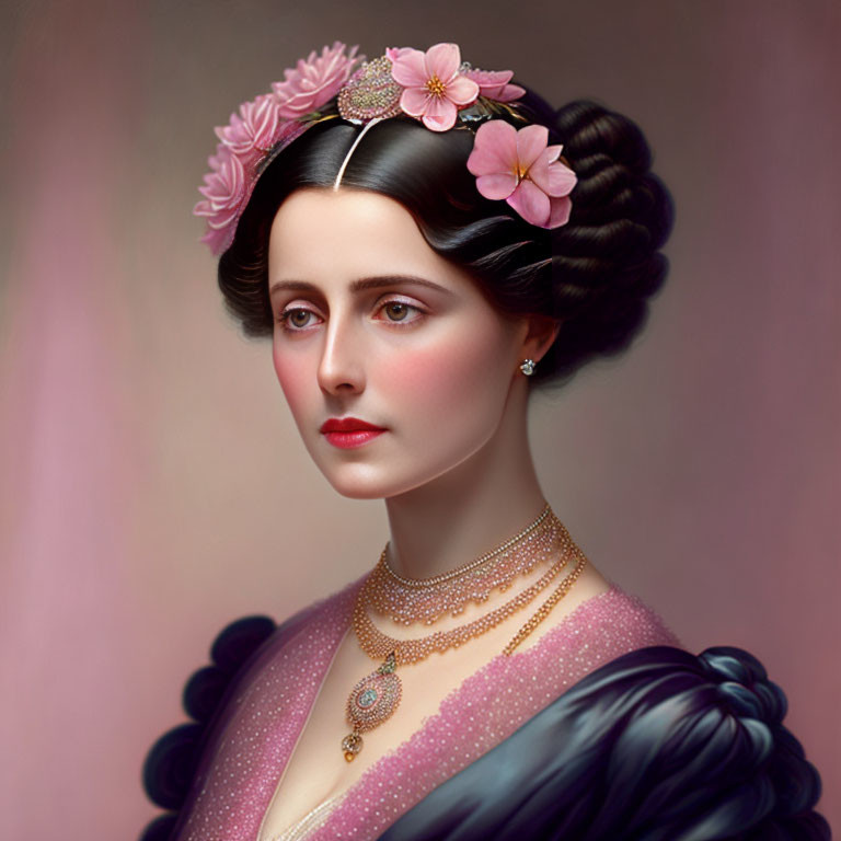 Detailed digital portrait of a woman with intricate updo and floral headpiece in vintage attire