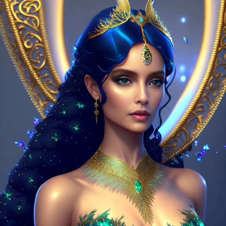 Digital artwork: Woman with blue hair, golden crown, starry cloak, and ornate frame