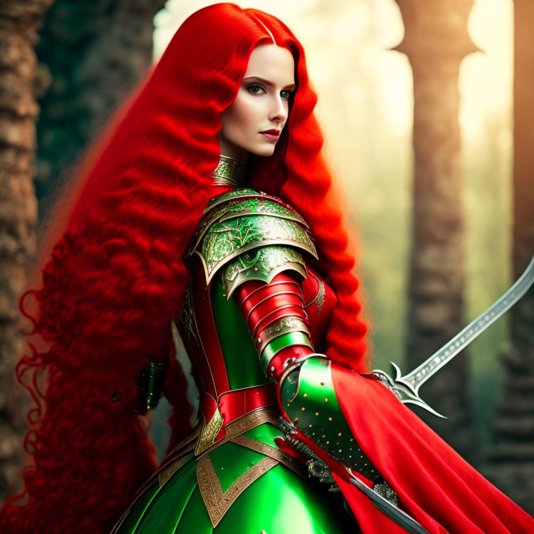 Vibrant red-haired woman in green and red armor wields sword in forest