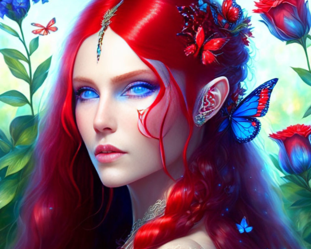 Fantasy portrait of a woman with red hair, blue eyes, butterflies, and flowers