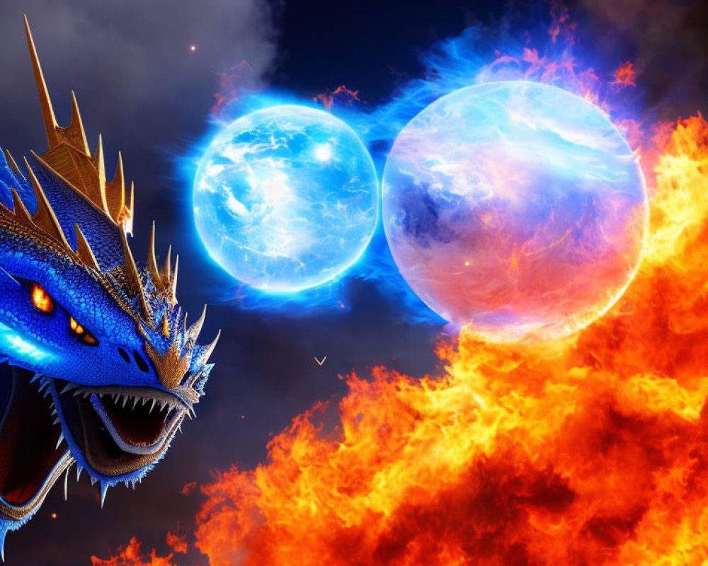Blue dragon head and celestial spheres clash in fiery and icy scene