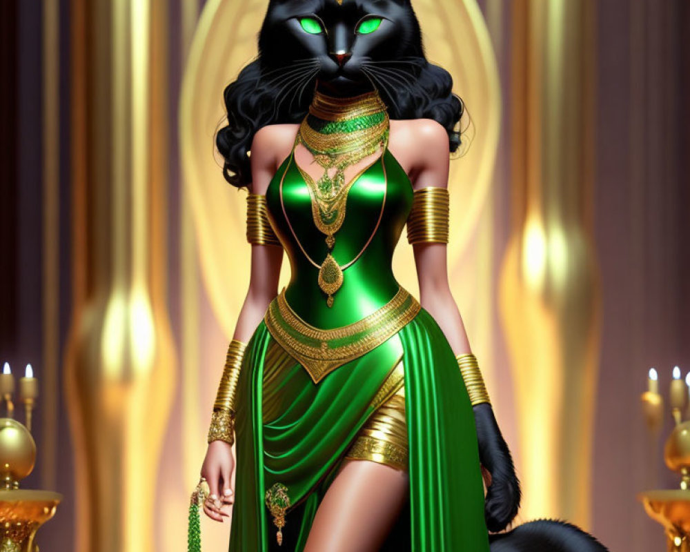 Regal anthropomorphic black cat in Egyptian attire with gold details.