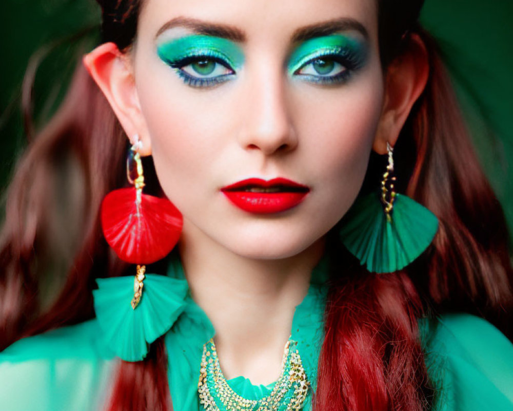 Vibrant blue eyeshadow, red lipstick, gold jewelry on woman in green outfit