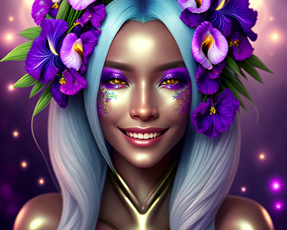 Smiling woman with blue hair and floral crown in digital portrait