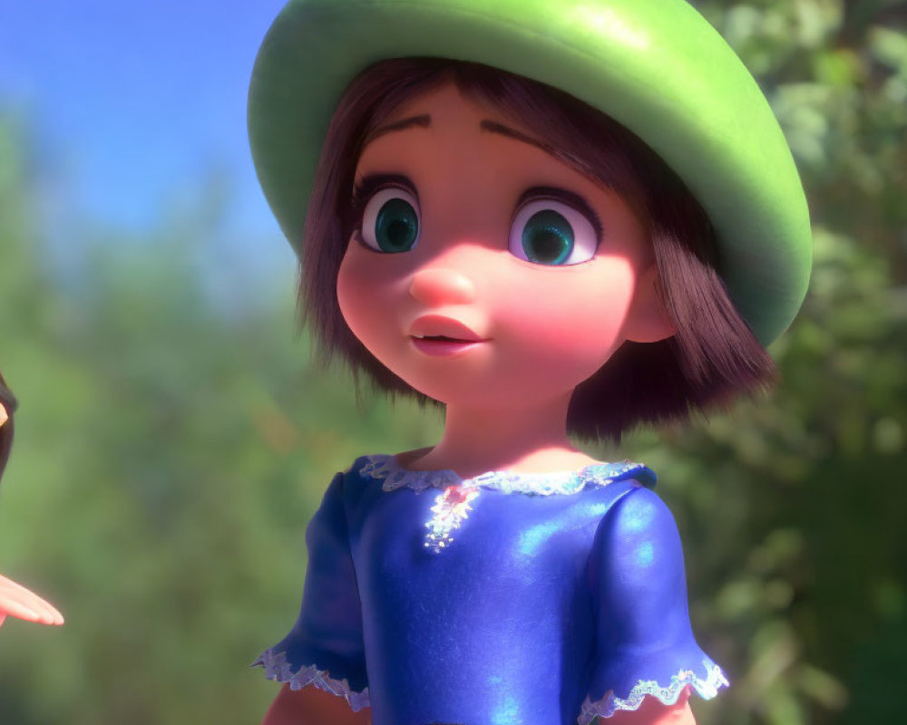 Young girl in 3D animation with big eyes, green hat, and blue dress.
