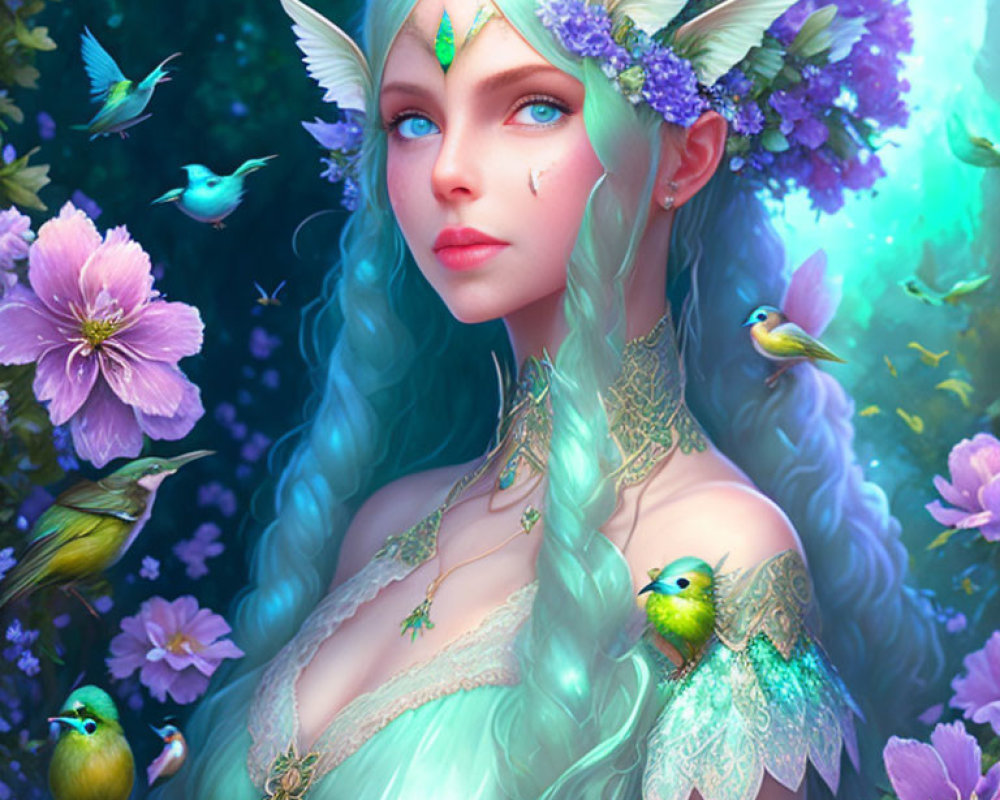 Fantasy elfin woman with blue hair in lush greenery and birds.