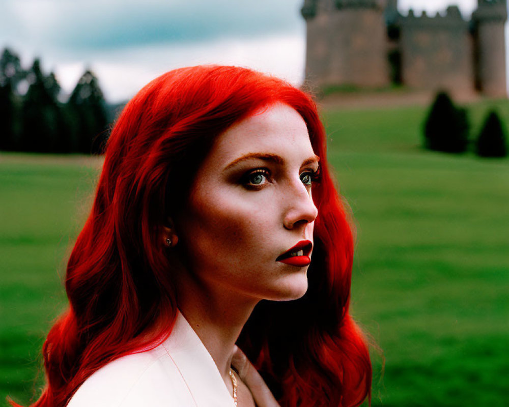 Vibrant red-haired woman with lipstick gazes towards castle and green landscape
