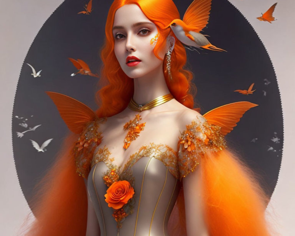 Digital artwork: Woman with orange hair, bird on shoulder, golden floral dress, butterflies.