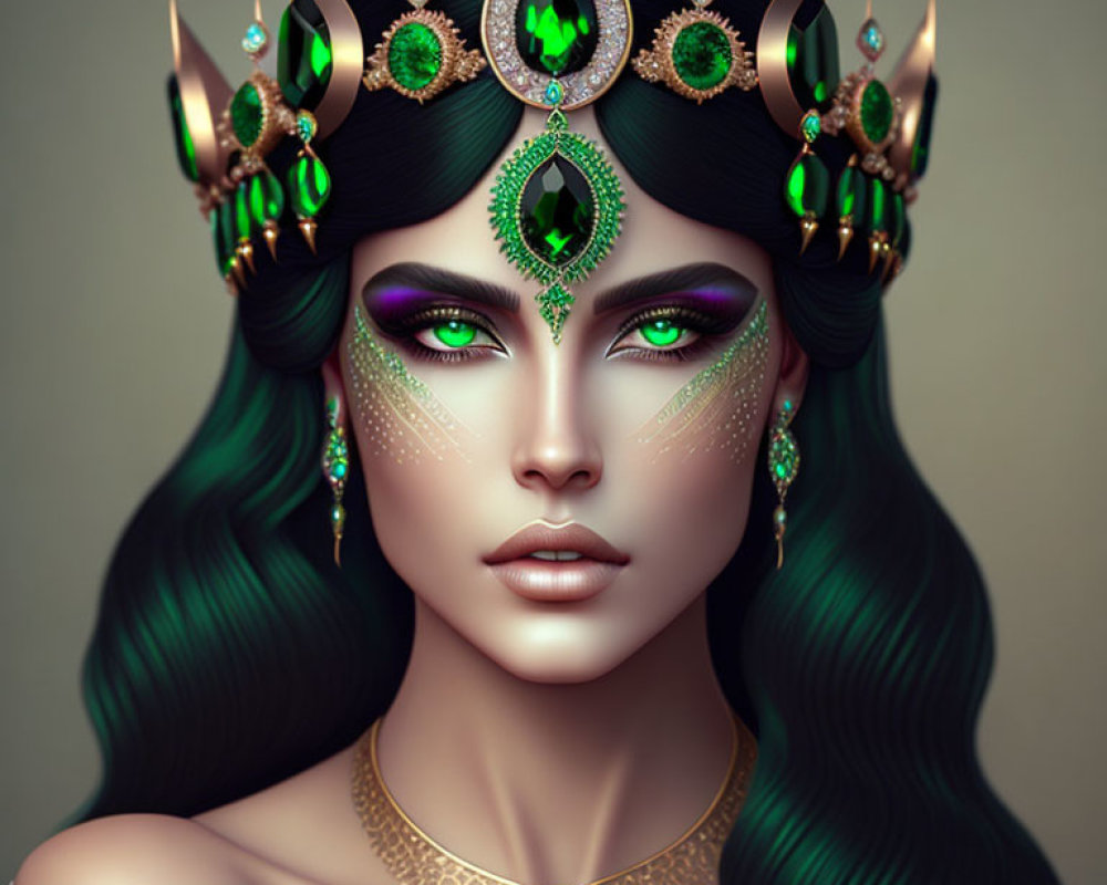 Digital portrait of a woman with emerald-green eyes, golden crown, and green gems.