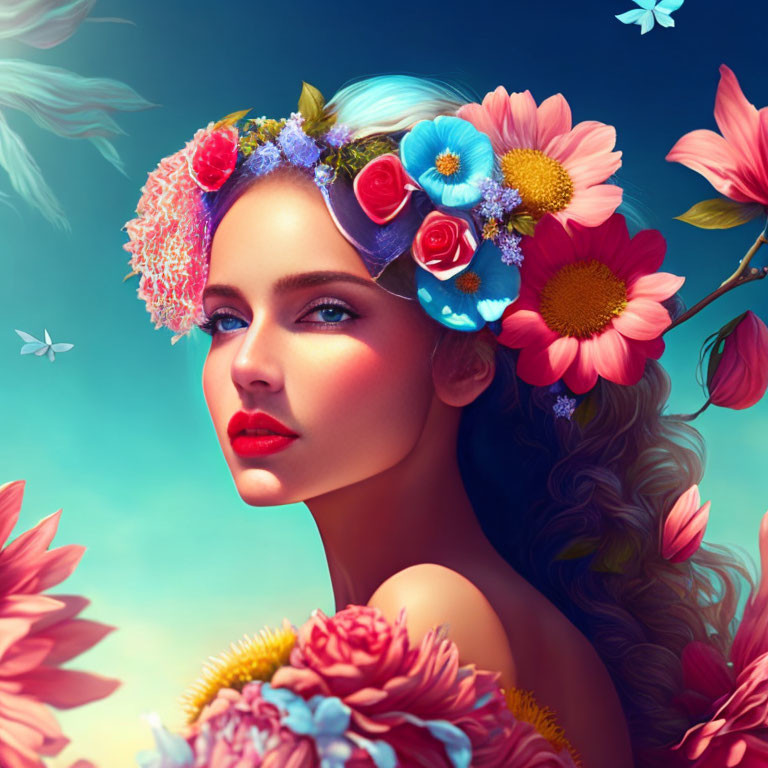 Woman with Floral Wreath Surrounded by Flowers and Butterflies on Blue Sky Background