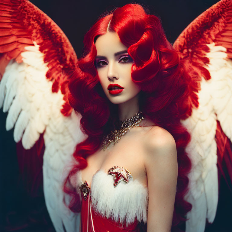 Woman with Red Hair and Angel Wings in Dramatic Pose