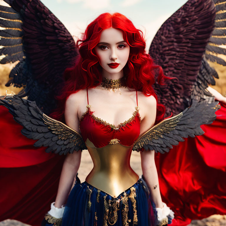 Red-haired woman with four dark wings in red and gold corset against dramatic backdrop