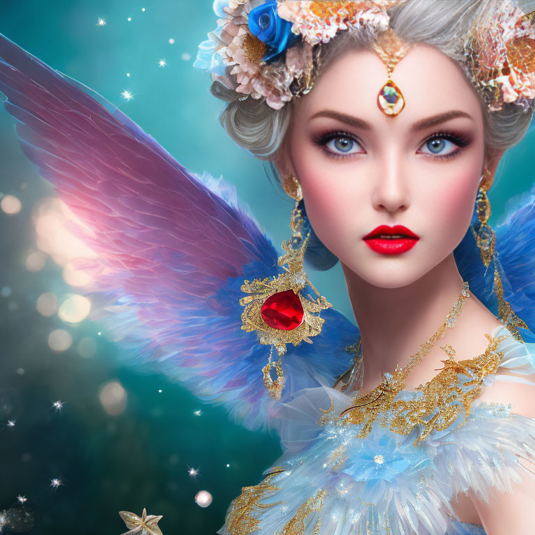 Fantasy female character portrait with colorful wings and gold jewelry on teal background