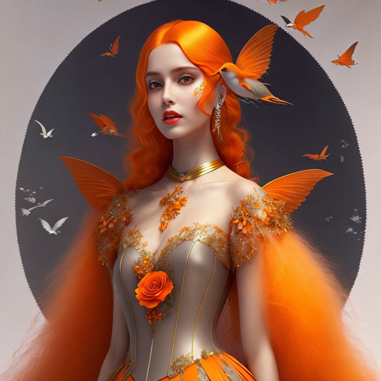 Digital artwork: Woman with orange hair, bird on shoulder, golden floral dress, butterflies.