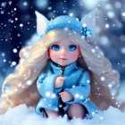 Digital artwork: Girl with Blue Eyes & Blonde Hair in Cat-Ear Hat with Falling Snowflakes