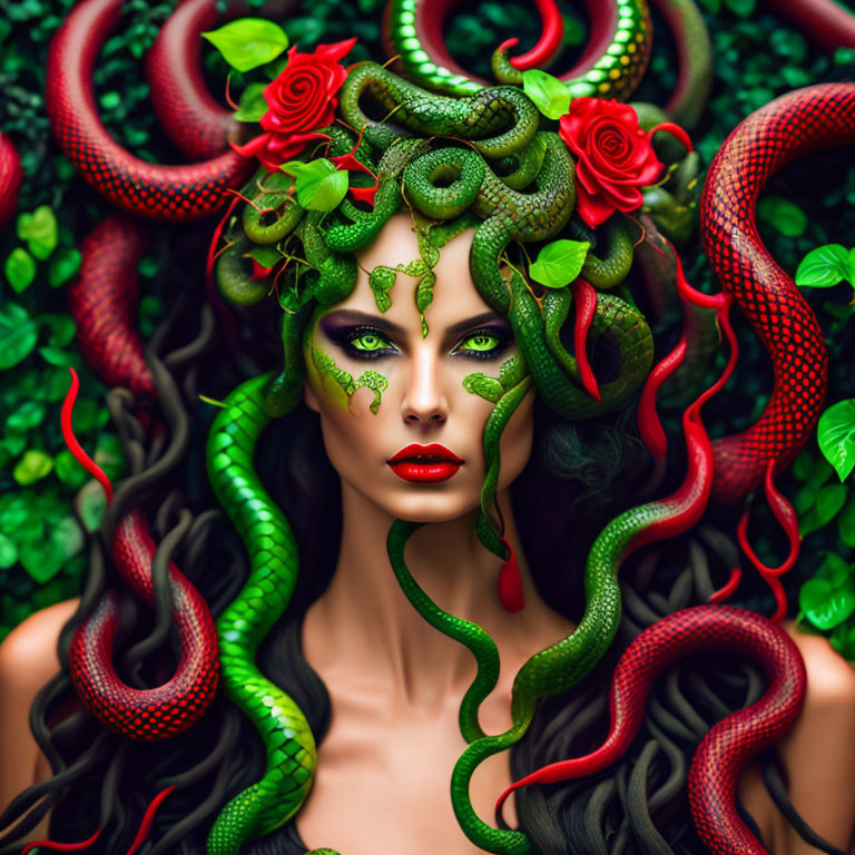 Woman with Medusa-Inspired Look: Live Snakes, Red Roses, Green Foliage