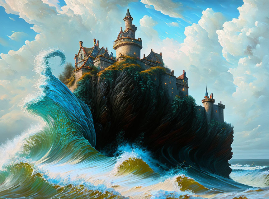 Castle on Cliff with Wave and Cloudy Sky