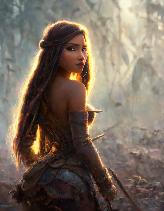 Long-haired woman in fantasy armor gazes in sunlit forest