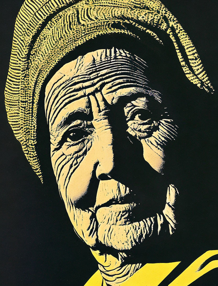 Elderly person with deep wrinkles in headwrap on dark background