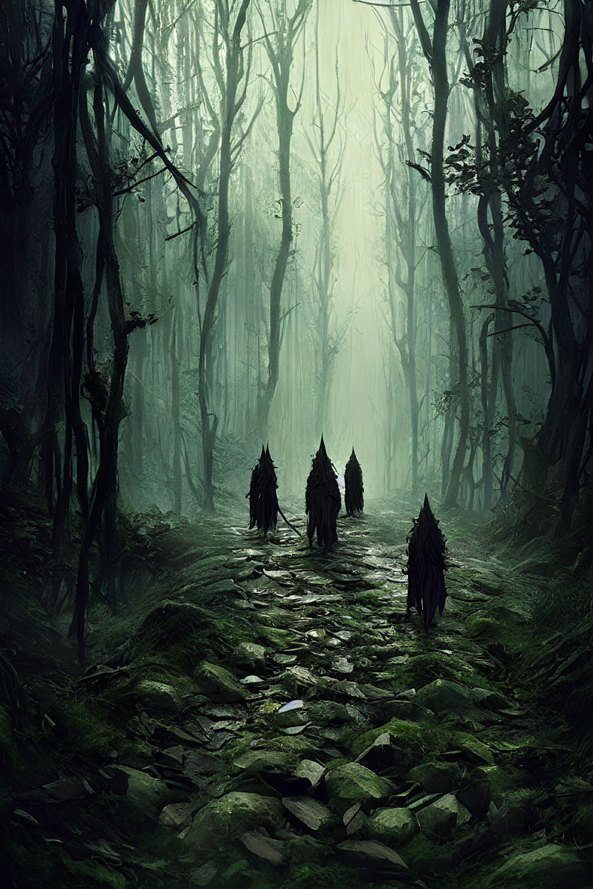 Four shadowy figures walking through misty forest with twisted trees.